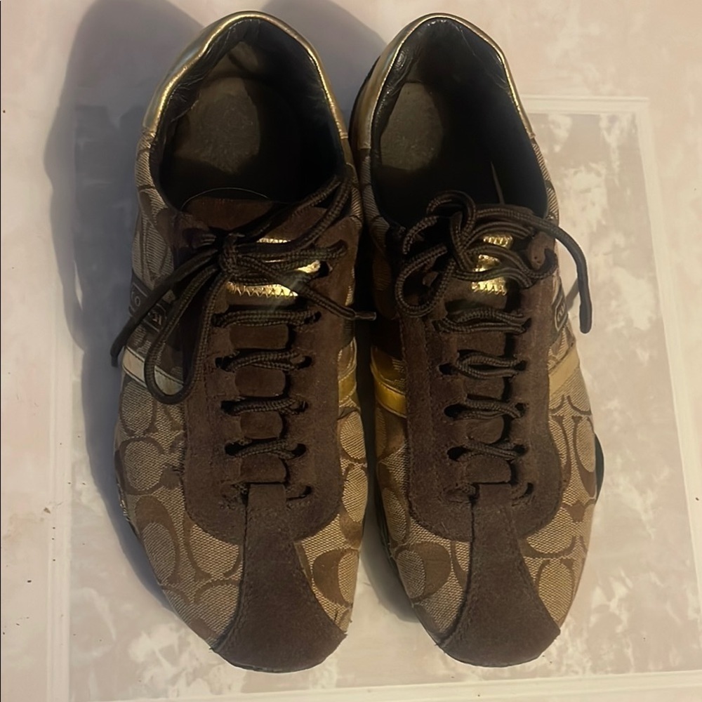 Vintage Coach Women's Sneakers in Brown and Gold